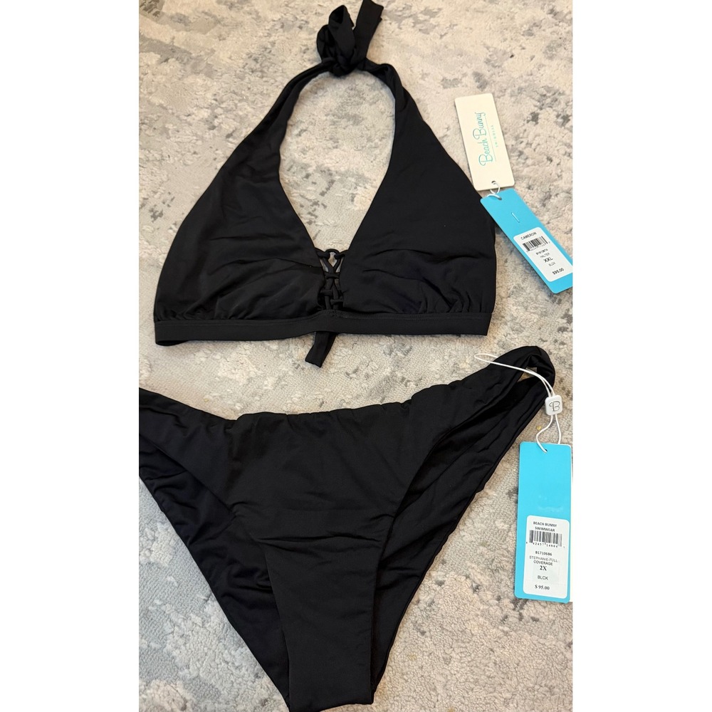 Beach Bunny Cameron Halter Top Stephanie Full Coverage Bikini Set Black XXL 2X